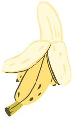Peeled banana clipart set hand drawn childish flat style isolated on white background.