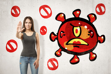 Young brunette girl making stop gesture with red angry cartoon germ drawn on white background