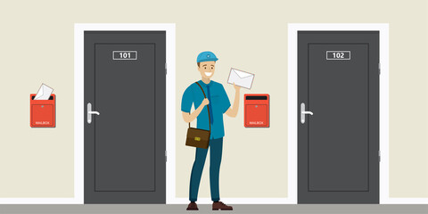 Happy caucasian postman hold letter. Closed doors and red mailboxes. Cartoon mailman in uniform. Entrance to apartments or house.