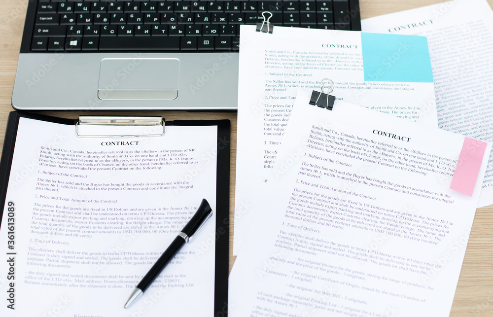 Poster contracts on the desktop close-up. business concept