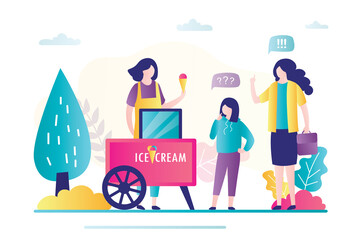Mother and daughter buy ice cream . Saleswoman selling dessert for people. Local small business, Takeaway trading.