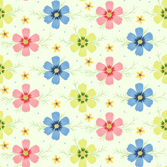 Floral Seamless Pattern. Cosmos Flower. Pink, Blue and Green Flowers. Vintage Background. Vector illustration
