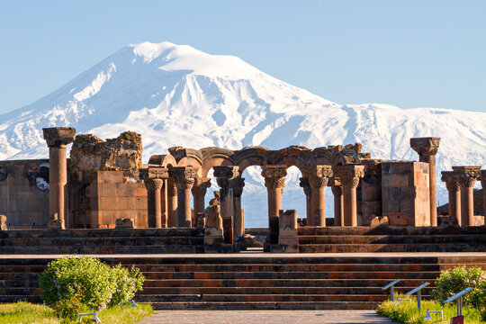 Ruins of Zvartnots Temple with Mount Ararat in the background, Armenia