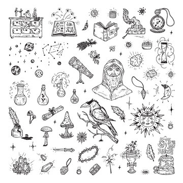 Alchemy set. Hand Drawn Doodle Magic alchemical Symbols.
