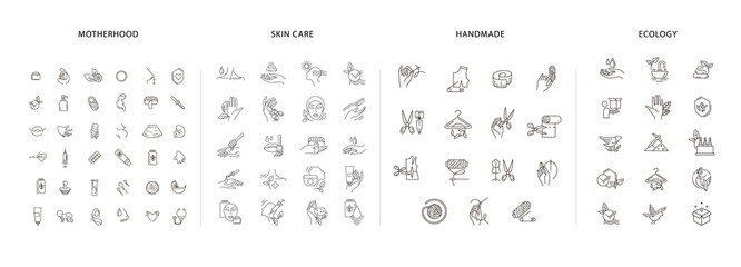 Vector icon and logo collection for pegnancy and gynecology, handmade and natural cosmetics, environmental protection and recycling. Editable outline stroke size. Line flat contour, thin and linear