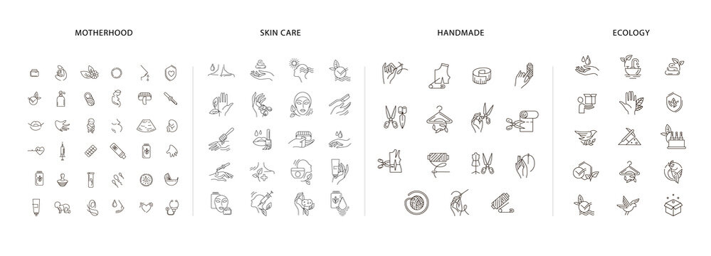 Vector icon and logo collection for pegnancy and gynecology, handmade and natural cosmetics, environmental protection and recycling. Editable outline stroke size. Line flat contour, thin and linear