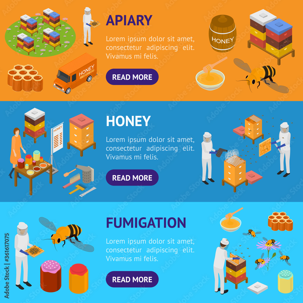 Poster apiary concept banner horizontal set 3d isometric view. vector