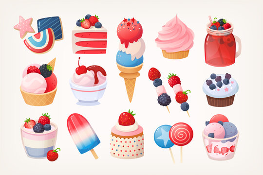 Set of blue red and white desserts for some national holidays parties. Isolated vector illustrations