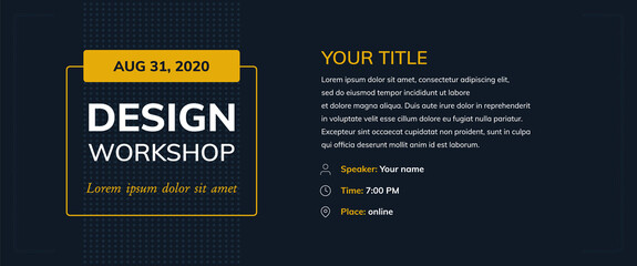 Design workshop with icons on a dark background. Creative poster vector template e-mail, party, workshop, event, webinar, conference