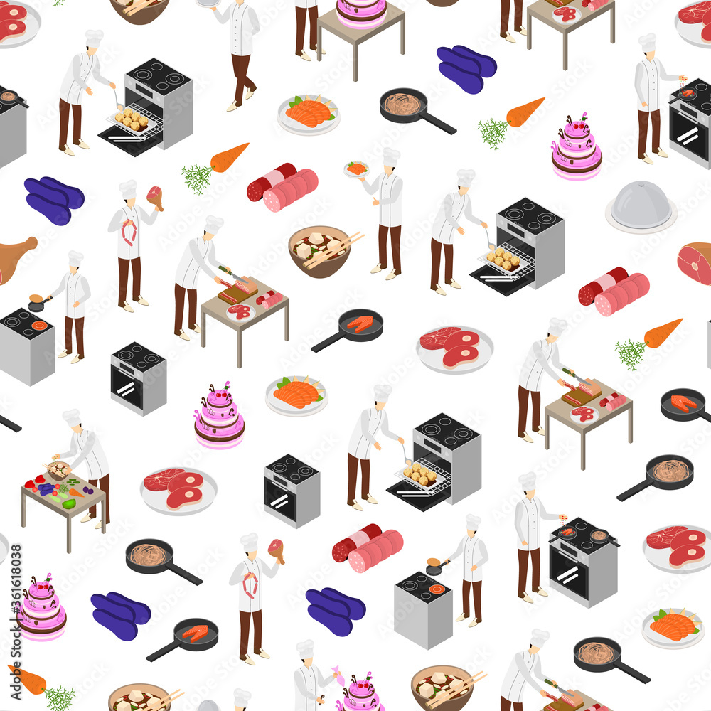 Poster character chef cooks concept seamless pattern background 3d isometric view. vector