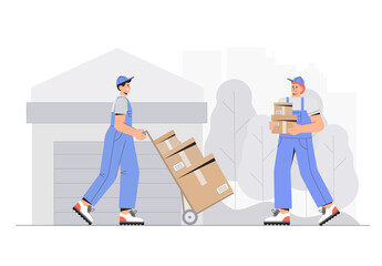 Warehouse delivery business illustration. Warehouse workers characters unloading boxes. Flat style vector illustration.
