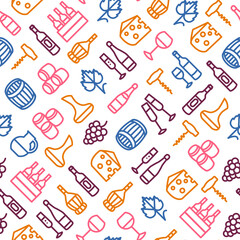 Wine Thin Line Concept Seamless Pattern Background. Vector