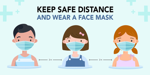 Coronavirus prevention with social distancing wearing face mask. Children wearing medical masks and keep safe distance at school to protect from Covid19 pandemic. vector illustration