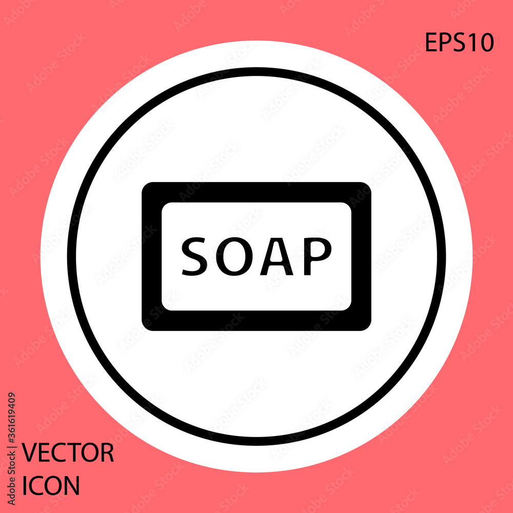 Aufkleber black bar of soap icon isolated on red background. soap bar with bubbles. white circle button. vecto