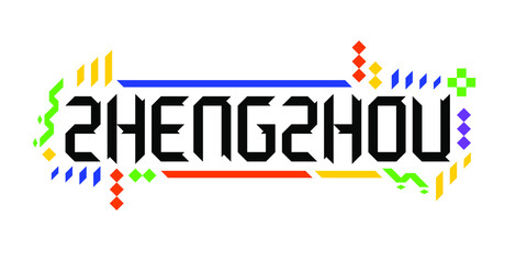 Colorful vector logo font of the city of Zhengzhou, in a geometric, playful finish. The abstract Asiatic ornament is a great representation of a tourism-oriented, dynamic, innovative culture of China.