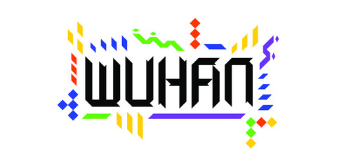 Colorful vector logo font of the city of Wuhan, in a geometric, playful finish. The abstract Asiatic ornament is a great representation of a tourism-oriented, dynamic, innovative culture of China.