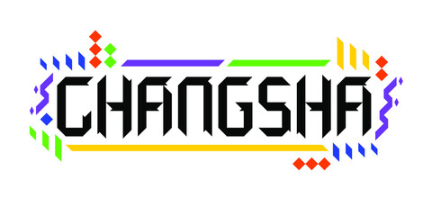 Colorful vector logo font of the city of Changsha, in a geometric, playful finish. The abstract Asiatic ornament is a great representation of a tourism-oriented, dynamic, innovative culture of China.