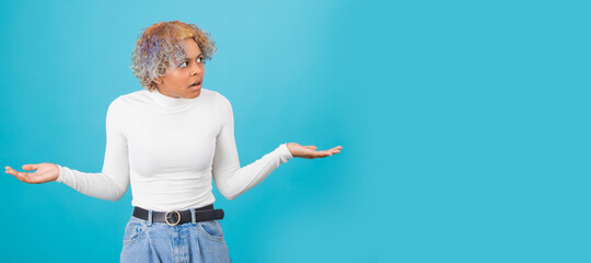 isolated afro american woman with expression of incomprehension, absurd or ignorance
