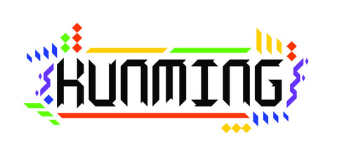 Fototapeta na wymiar Colorful vector logo font of the city of Kunming, in a geometric, playful finish. The abstract Asiatic ornament is a great representation of a tourism-oriented, dynamic, innovative culture of China.