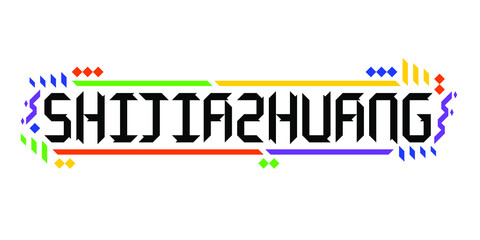 Colorful vector logo font of the city of Shijiazhuang, in a geometric, playful finish. The abstract Asiatic ornament is a great representation of a touristic, dynamic, innovative culture of China.