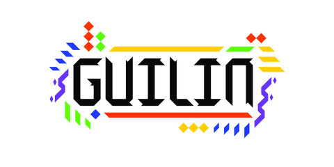 Colorful vector logo font of the city of Guilin, in a geometric, playful finish. The abstract Asiatic ornament is a great representation of a tourism-oriented, dynamic, innovative culture of China.