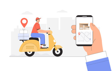 Delivery service, fast and free shipping concept. Man rides a yellow scooter with a parcel box, hand holding phone with tracking courier's location. Flat style vector Illustration.