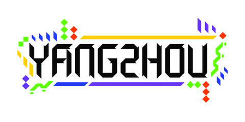 Fototapeta na wymiar Colorful vector logo font of the city of Yangzhou, in a geometric, playful finish. The abstract Asiatic ornament is a great representation of a tourism-oriented, dynamic, innovative culture of China.