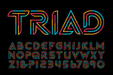 Triad is a Tricolor Primary Colored Alphabet; This Font has a Sleek and Modern Feel, Useful for High-Tech Lettering Applications