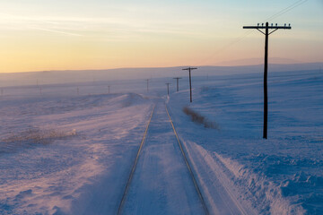 Snowy railway in winter. Winter background.