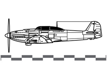 Heinkel He 112. World War 2 fighter aircraft. Side view. Image for illustration and infographics.