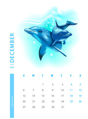 Calendar for 2020 with dolphins. Vector design template with illustrations of sea animals. December