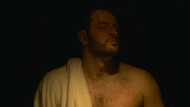 Men enjoying sauna with breathing exercise  mindfulness meditation