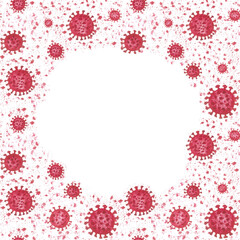 Virus pattern frame with place for text. Watercolor drawing of viruses. Covid-19 virus background. Child's drawing.