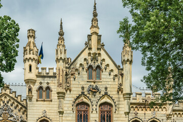Fototapeta na wymiar The facade of the Sturdza Castle in Miclauseni, Romania