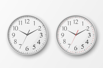 Vector 3d Realistic Simple Round White Wall Office Clock with White Dial Icon Set Closeup Isolated on White Background. Design Template, Mock-up for Branding, Advertise. Front or Top View