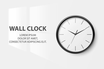 Vector 3d Realistic Simple Round Black Wall Office Clock with White Dial Closeup Isolated on White Background. Design Template, Mock-up for Branding, Advertise. Front View