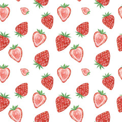 Strawberry seamless pattern, hand drawn botanical illustration isolated on white.