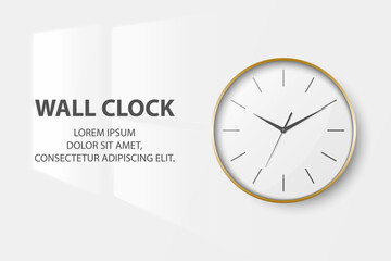 Vector 3d Realistic Simple Round Golden Wall Office Clock with White Dial Closeup Isolated on White Background. Design Template, Mock-up for Branding, Advertise. Front View