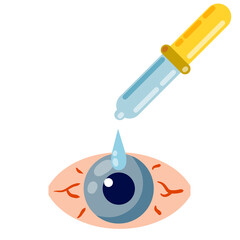 Pipette and eyedropper. Flat Drop of water. Blue human pupil. Red eye disease. Medicine for blood vessels and Allergy Problems. Conjunctivitis and health