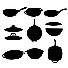 Frying  Pans and cauldrons in the set. Vector image.