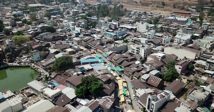 Sky View Of Houses & Different Building In Trimbak Maharashtra India On A Sunny Day - Aerial Shot