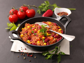 chili con carne- bean with minced beef and spice