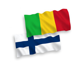 Flags of Finland and Mali on a white background