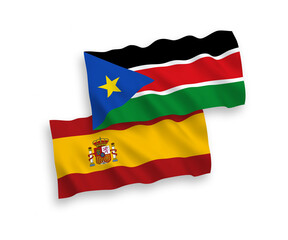 Flags of Republic of South Sudan and Spain on a white background