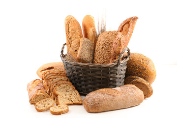 assorted traditional french bread isolated on white background