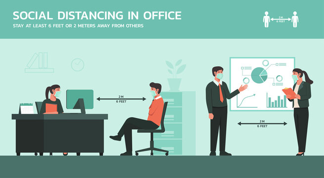 people working together in business office wearing mask and maintain social distancing to prevent coronavirus spreading, keep a safe distance, new normal lifestyle concept, vector flat illustration
