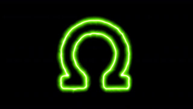 The appearance of the green neon symbol omega. Flicker, In - Out. Alpha channel Premultiplied - Matted with color black