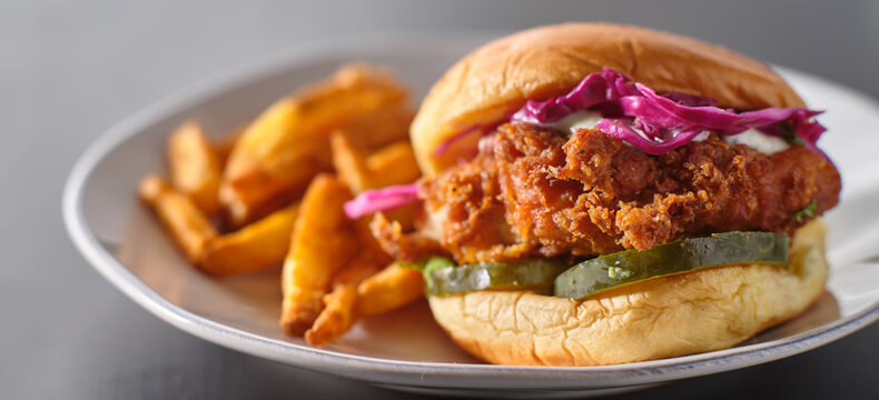 crispy fried chicken sandwich on plate with fries