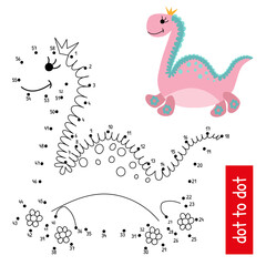 Cute dinosaur. Educational numbers game vector illustration. Connect the dots in order. Child development, baby. Coloring book page with color swatch.