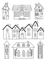 Set of hand drawn houses in doodle style isolated on white background. Vector outline architecture illustration. Sign of a residential building, purchase, sale, rental of real estate